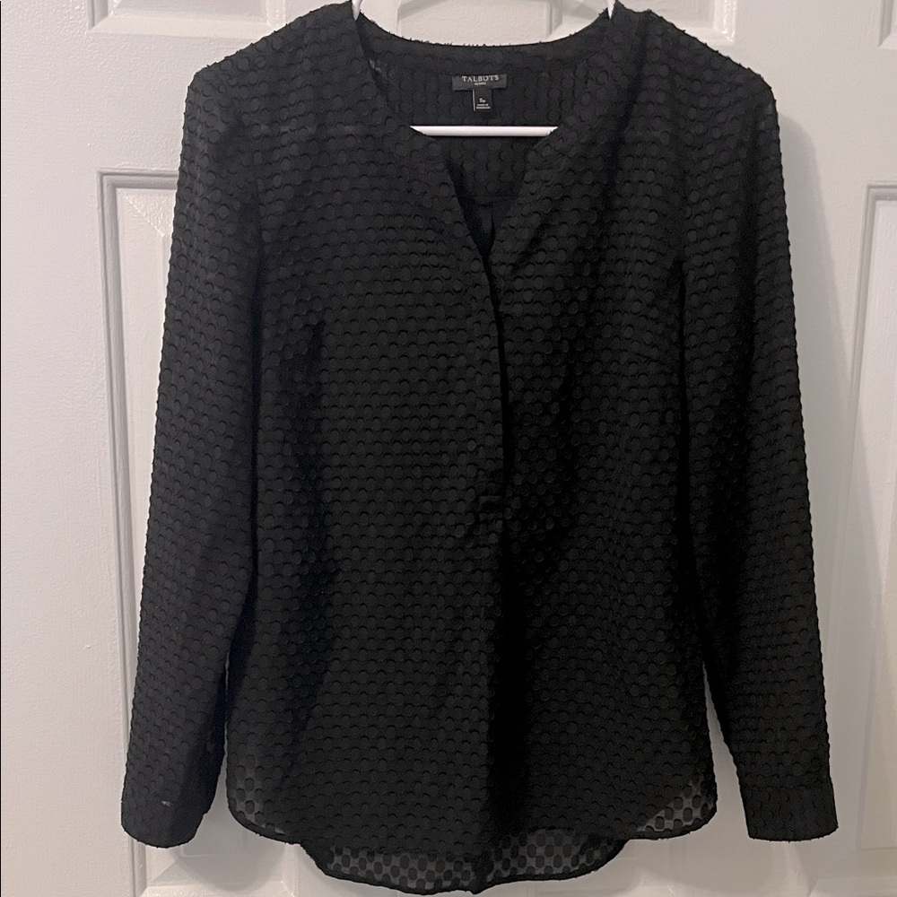 Talbots Black Blouse Textured Popover Long Sleeve‎ Top Size 2P